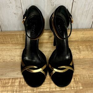 AUTHENTIC Gucci Black and Gold Suede Strappy Heels, 37.5 (7/7.5)